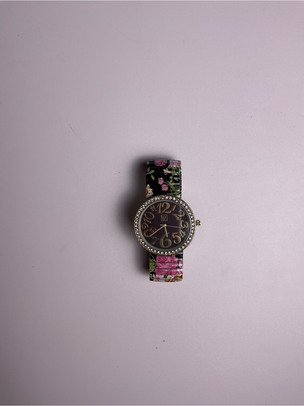 Floral Rhinestone Accent Round Women's Watch - Black & Pink